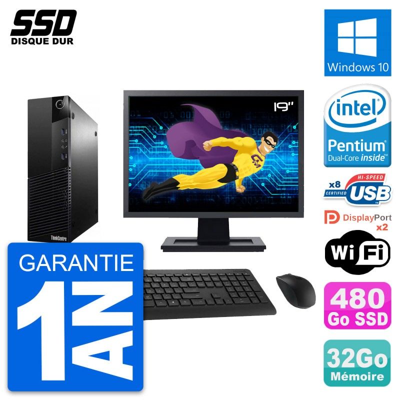 Lenovo M83 SFF Desktop Computer - 19" Screen, Intel G3220, 32GB RAM, 480GB SSD, Windows 10, WiFi
