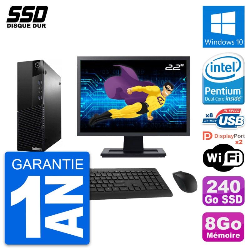 Lenovo M83 SFF Desktop Computer - 22" Screen, Intel G3220, 8GB RAM, 240GB SSD, Windows 10, Wifi