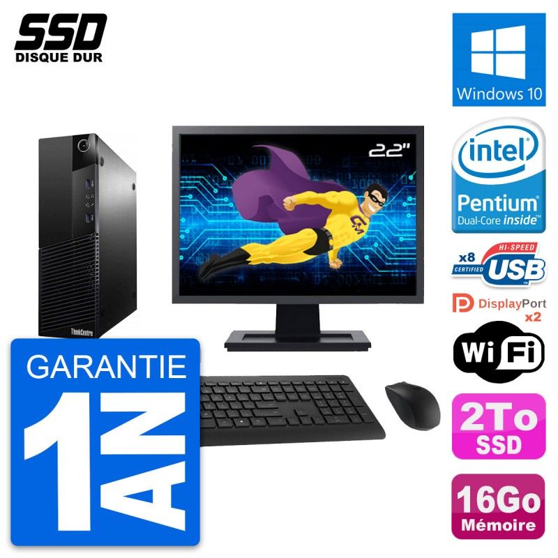 Ordinateur de bureau Lenovo M83 SFF, écran 22'', processeur Intel G3220, 16 Go RAM, 2 To SSD, Windows 10, WiFi