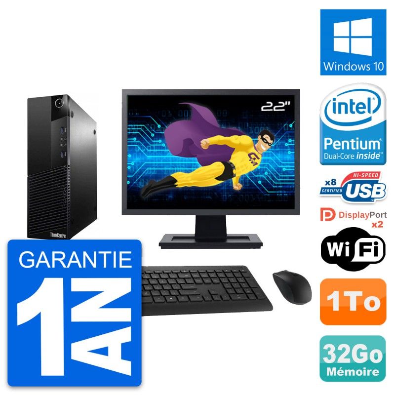 Lenovo M83 SFF Desktop Computer - 22" Screen, Intel G3220, 32GB RAM, 1TB HDD, Windows 10, WiFi