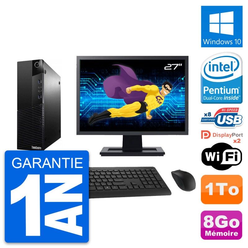 Lenovo M83 SFF Desktop Computer - 27" Screen, Intel G3220, 8GB RAM, 1TB HDD, Windows 10, WiFi