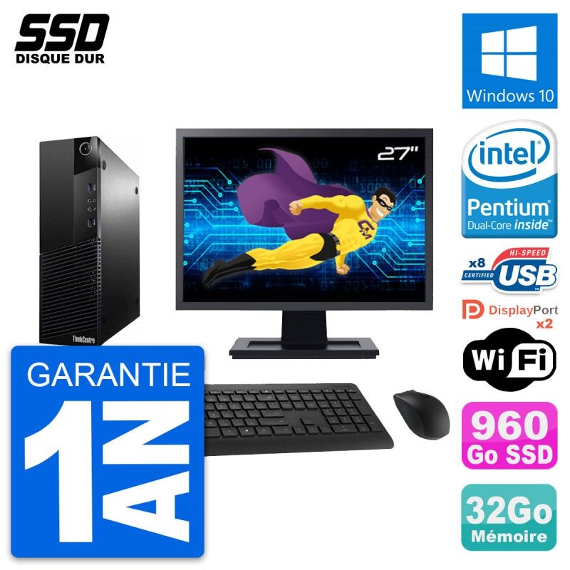 Lenovo M83 SFF Desktop Computer, 27" Screen, Intel G3220, 32GB RAM, 960GB SSD, Windows 10, Wifi