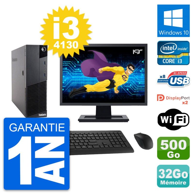 Lenovo M83 SFF Computer - 19" Screen, Intel i3-4130, 32GB RAM, 500GB HDD, Windows 10, WiFi