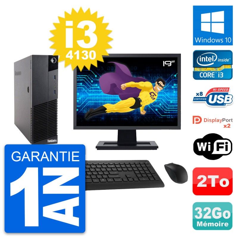 Lenovo M83 SFF Desktop Computer - 19" Screen, Core i3-4130, 32GB RAM, 2TB HDD, Windows 10, WiFi