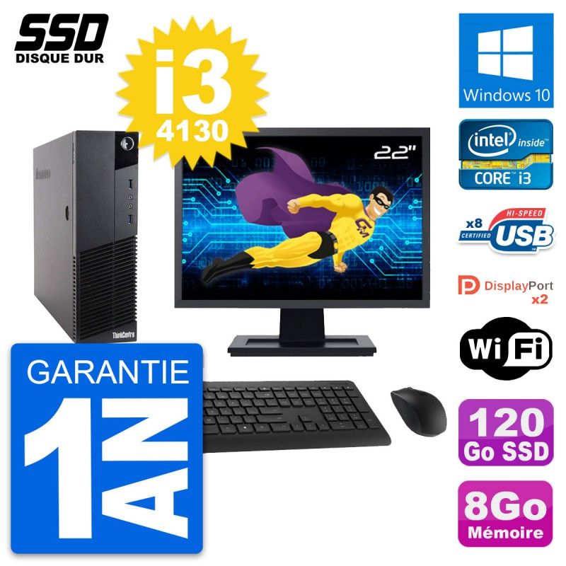 Lenovo M83 SFF Desktop Computer - 22" Screen, Intel Core i3-4130, 8GB RAM, 120GB SSD, Windows 10, WiFi