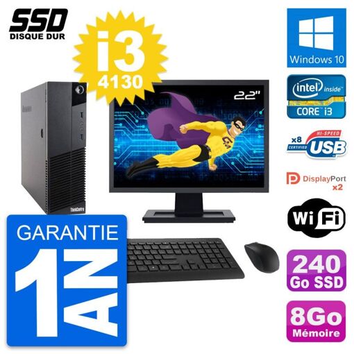 Lenovo M83 SFF Desktop Computer, 22" Screen, Intel Core i3-4130, 8GB RAM, 240GB SSD, Windows 10, WiFi