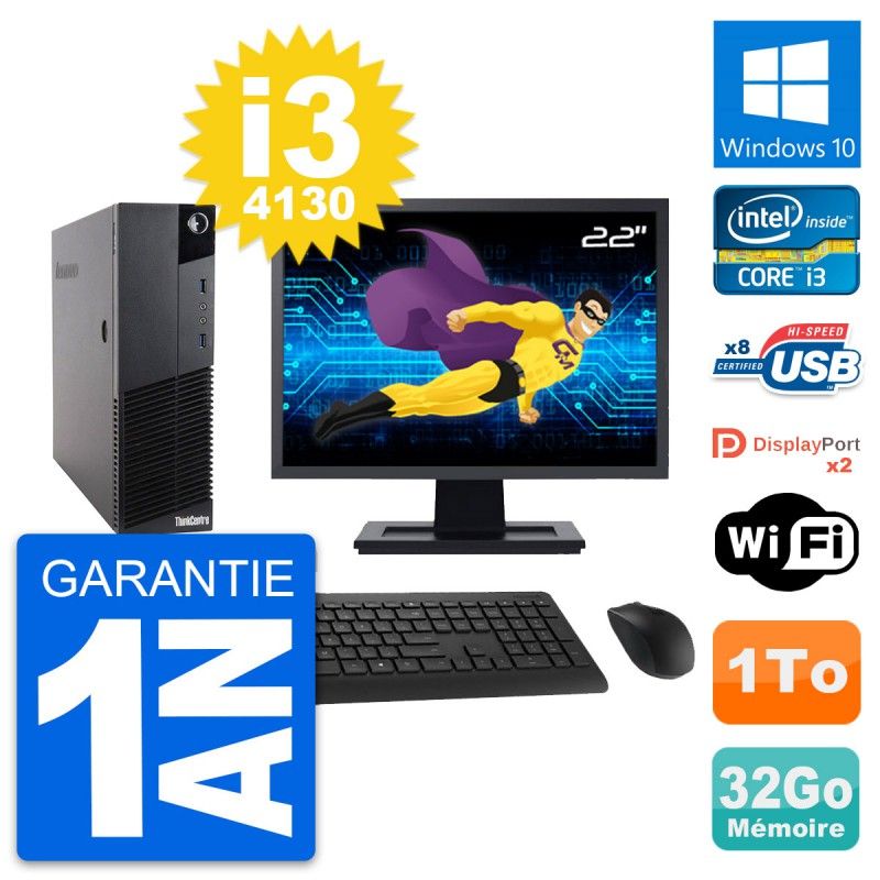 Lenovo M83 SFF Desktop Computer, 22" Screen, Core i3-4130, 32GB RAM, 1TB HDD, Windows 10, WiFi