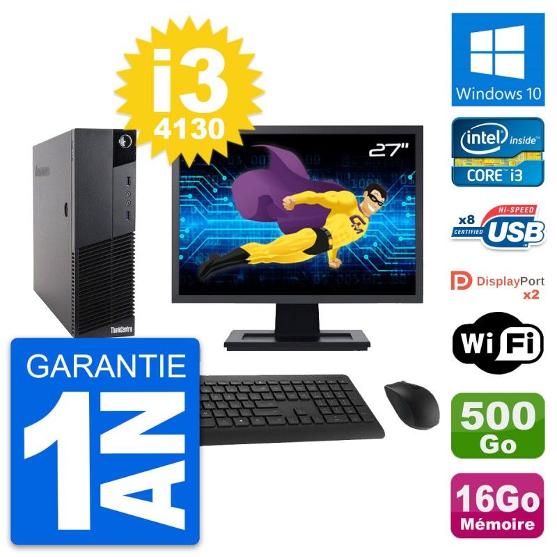 Lenovo M83 SFF Desktop Computer - 27" Screen, Intel i3-4130, 16GB RAM, 500GB HDD, Windows 10, WiFi
