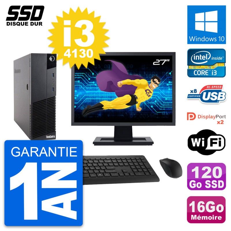 Lenovo M83 SFF Desktop Computer - 27" Screen, Intel i3-4130, 16GB RAM, 120GB SSD, Windows 10, WiFi