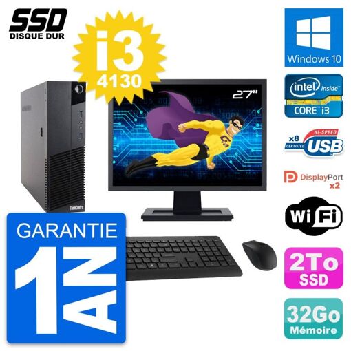 Lenovo M83 SFF Desktop Computer - 27" Screen, Core i3-4130, 32GB RAM, 2TB HDD, Windows 10, WiFi