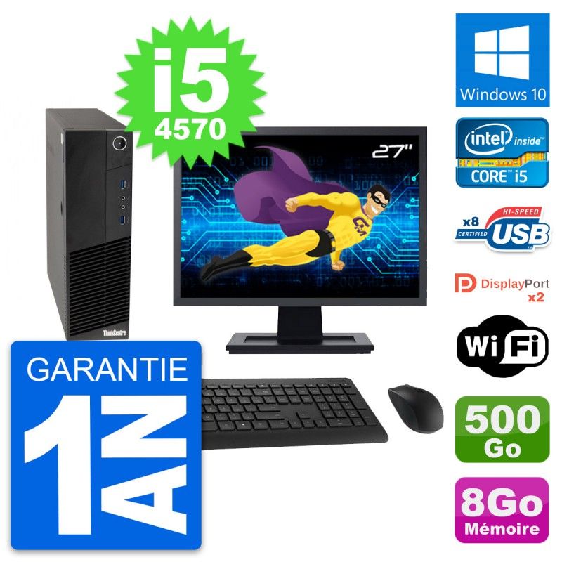Lenovo M83 SFF Desktop Computer, 27" Screen, Intel i5-4570, 8GB RAM, 500GB HDD, Windows 10, WiFi
