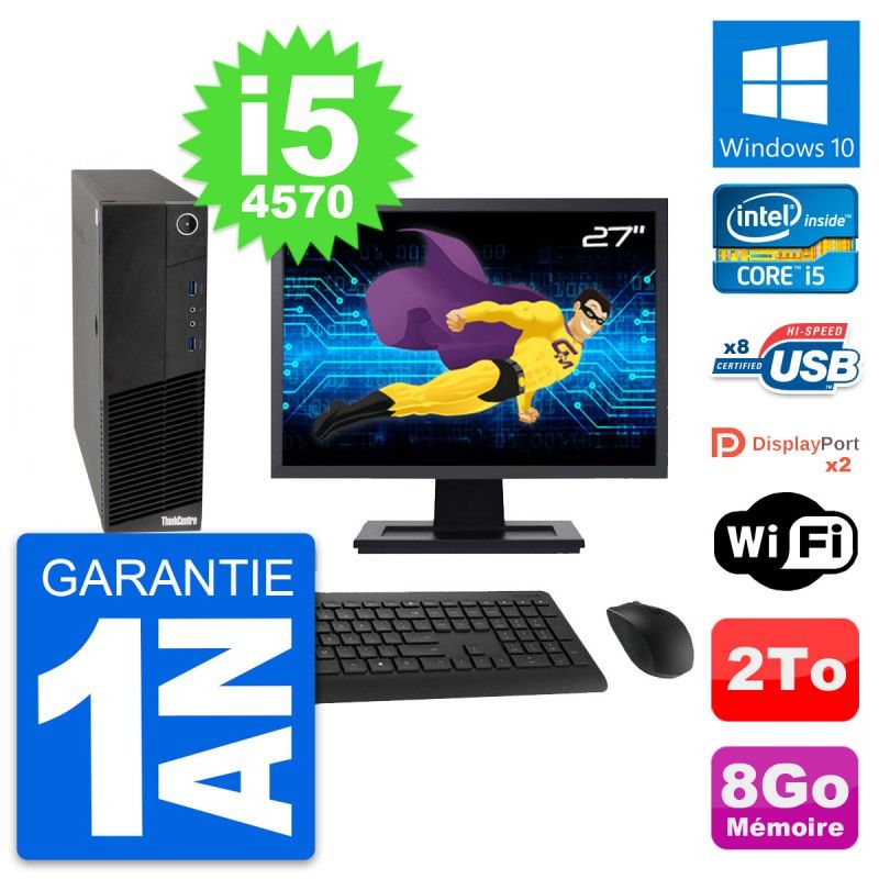 Lenovo M83 SFF Desktop Computer - 27" Screen, Intel i5-4570, 8GB RAM, 2TB HDD, Windows 10, WiFi