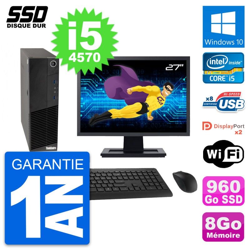 Lenovo M83 SFF Desktop Computer - 27" Screen, Intel Core i5-4570, 8GB RAM, 960GB SSD, Windows 10, Wifi