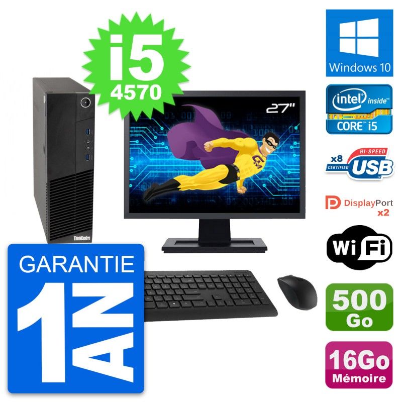 Lenovo M83 SFF Desktop Computer - 27" Screen, Intel i5-4570, 16GB RAM, 500GB HDD, Windows 10, Wifi