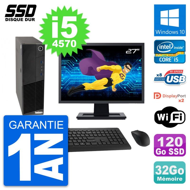 Lenovo M83 SFF Desktop Computer - 27" Screen, Intel i5-4570, 32GB RAM, 120GB SSD, Windows 10, WiFi