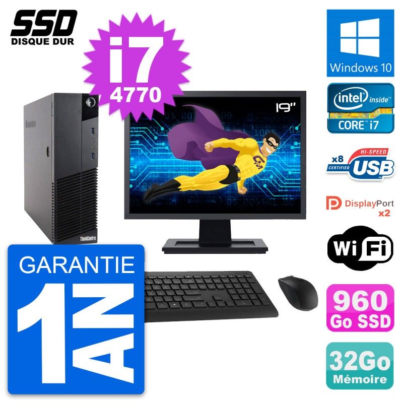 Lenovo M83 SFF Desktop Computer - 19" Screen, Intel i7-4770, 32GB RAM, 960GB SSD, Windows 10, WiFi