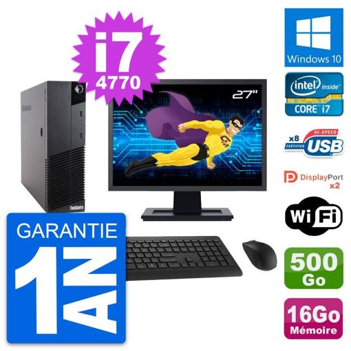 Lenovo M83 SFF Desktop Computer - 27" Screen, Intel i7-4770, 16GB RAM, 500GB HDD, Windows 10, WiFi