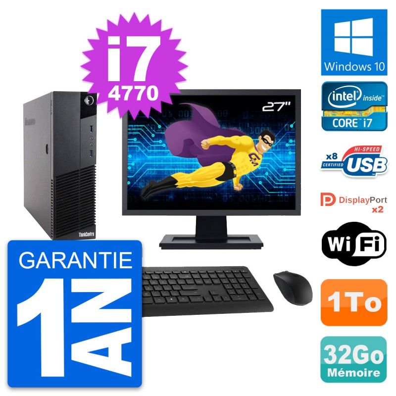 Lenovo M83 SFF Computer - 27" Screen, Core i7-4770, 32GB RAM, 1TB HDD, Windows 10, WiFi