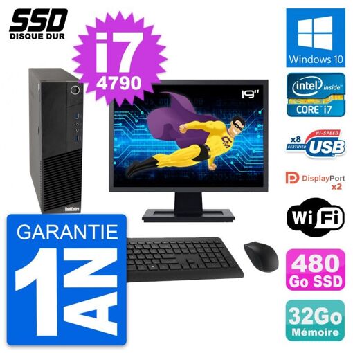 Lenovo M83 SFF Desktop Computer - 19" Screen, Intel i7-4790, 32GB RAM, 480GB SSD, Windows 10, WiFi