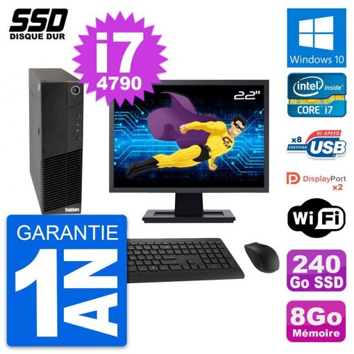 Lenovo M83 SFF Desktop Computer - 22" Screen, Intel Core i7-4790, 8GB RAM, 240GB SSD, Windows 10, WiFi