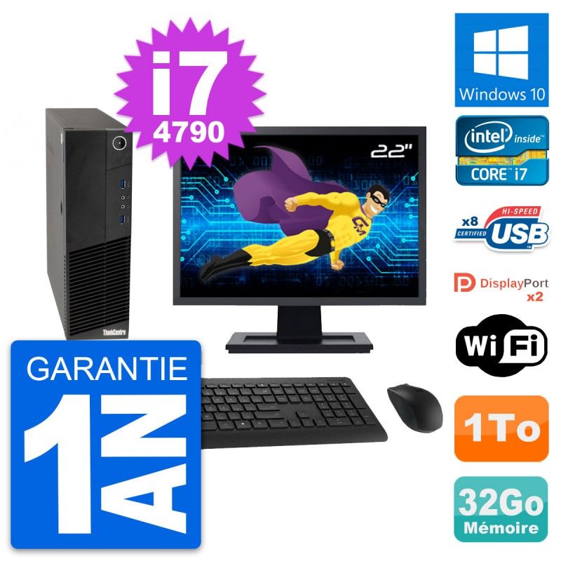 Ordenador de escritorio Lenovo M83 SFF - Pantalla de 22'', Intel Core i7-4790, 32 GB de RAM, 1 TB HDD, Windows 10, Wifi