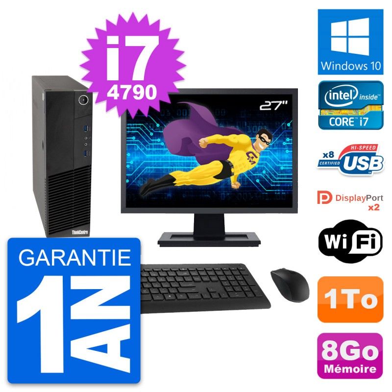 Lenovo M83 SFF Desktop Computer, 27" Screen, Intel i7-4790, 8GB RAM, 1TB HDD, Windows 10, WiFi