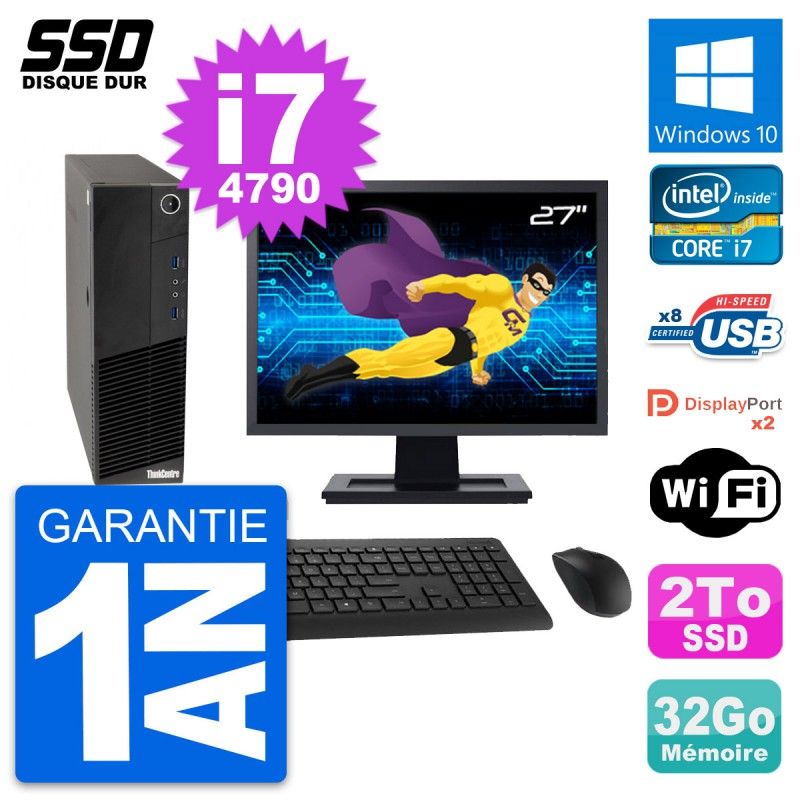 Lenovo M83 SFF Desktop Computer - 27" Screen, Intel Core i7-4790, 32GB RAM, 2TB SSD, Windows 10, Wi-Fi