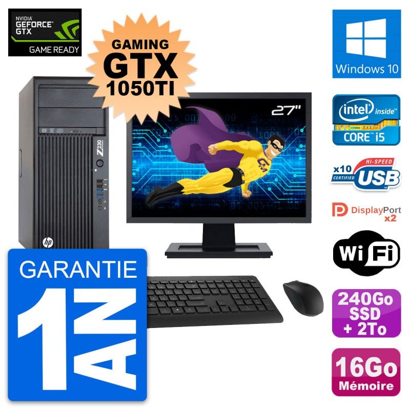 HP Z230 Gaming PC - 27" Full HD Screen, i5-4570, 16GB RAM, 240GB SSD + 2TB HDD, GTX 1050Ti, Windows 10