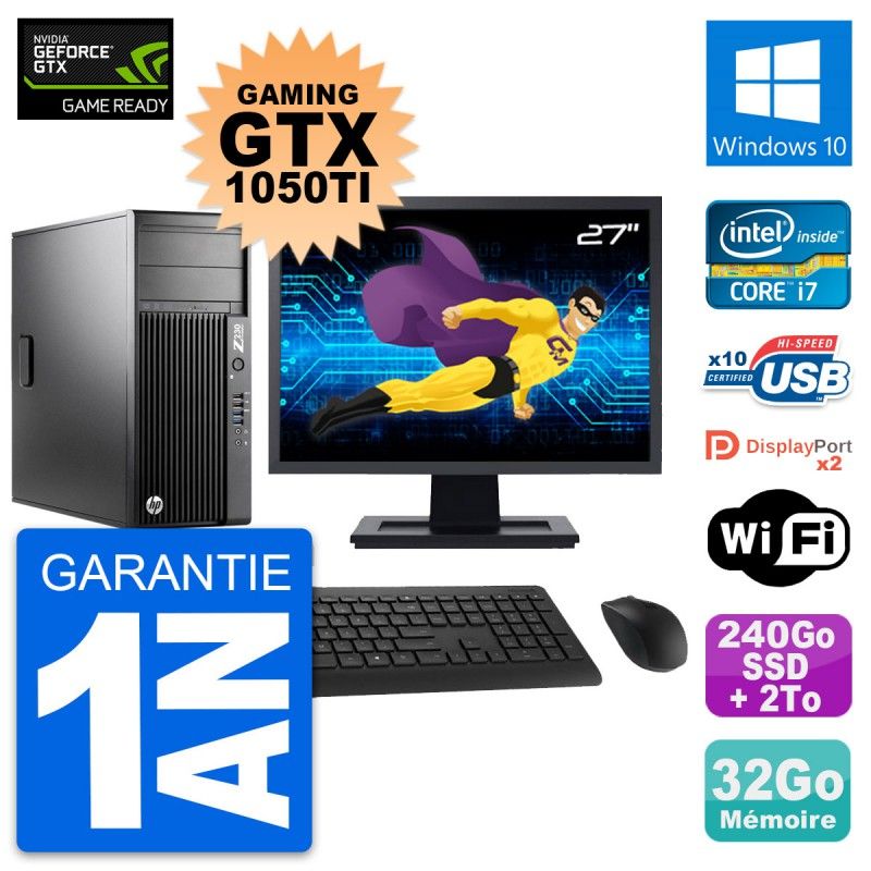HP Z230 Gaming PC - 27" Full HD Screen, i7-4790, 32GB RAM, 240GB SSD + 2TB HDD, GTX 1050Ti