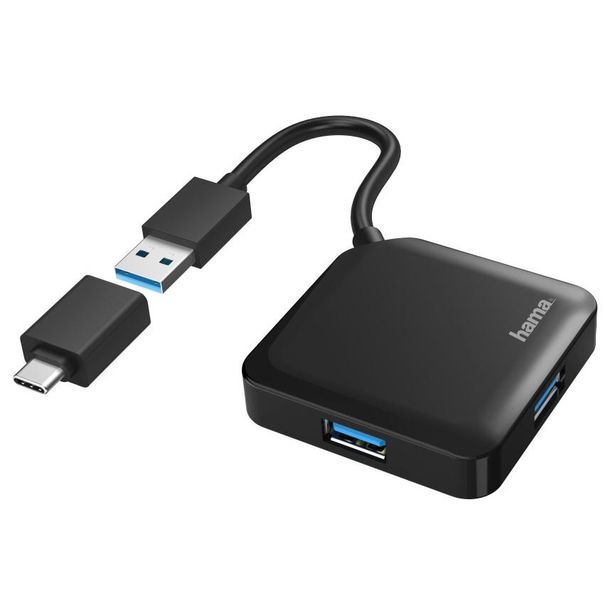 Hama USB 3.2 Hub & Adapter - Type-A + Type-C, Black