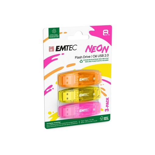 Dexxon Neon USB Drive - 8GB - USB 2.0 - Yellow, Pink, Orange (Pack of 3)