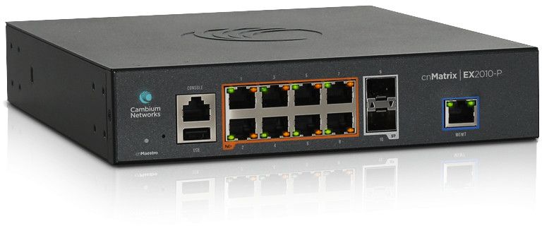 Cambium Networks cnMatrix EX2010-P - Managed Switch - 8 x 10/100/1000 (PoE+) + 2 x SFP (mini-GBIC) Uplink Ports - Rack Mountable - PoE+ (100W)