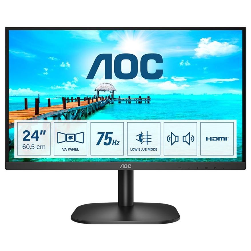AOC 24B2XDAM - B2 Series LED Monitor - 24" (23.8" Visualable) - Full HD 1080p @ 75Hz - VA - 250 cd/m² - 3000:1 - 4ms - HDMI, DVI, VGA - Speakers - Black