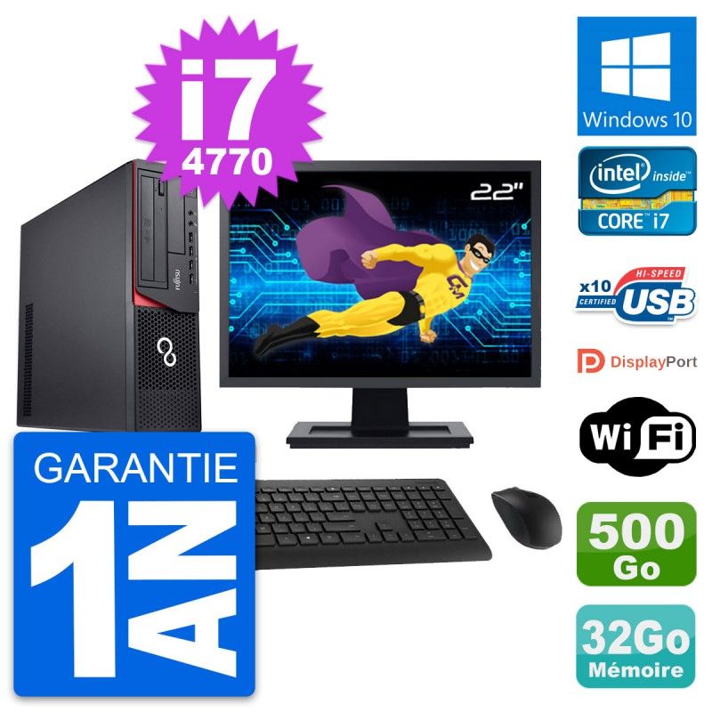 Fujitsu E920 DT 22-Inch Desktop PC - Intel i7-4770, 32GB RAM, 500GB HDD, Windows 10, WiFi