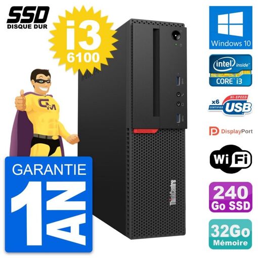 Lenovo ThinkCentre M700 SFF Intel i3-6100, 3.7 GHz, 2 núcleos, 3 Mo de caché, Socket 1151 / H4 / LGA1151, 32 GB DDR4, 240 GB SSD SATA, Sin unidad óptica, Gráfico integrado HD 530, Ethernet Gigabit 10/100/1000 Mbps + Wifi USB clave, Windows 10