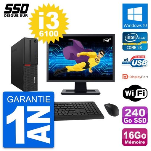 Lenovo M700 SFF Desktop Computer - 19" Screen, Intel i3-6100, 16GB RAM, 240GB SSD, Windows 10, WiFi