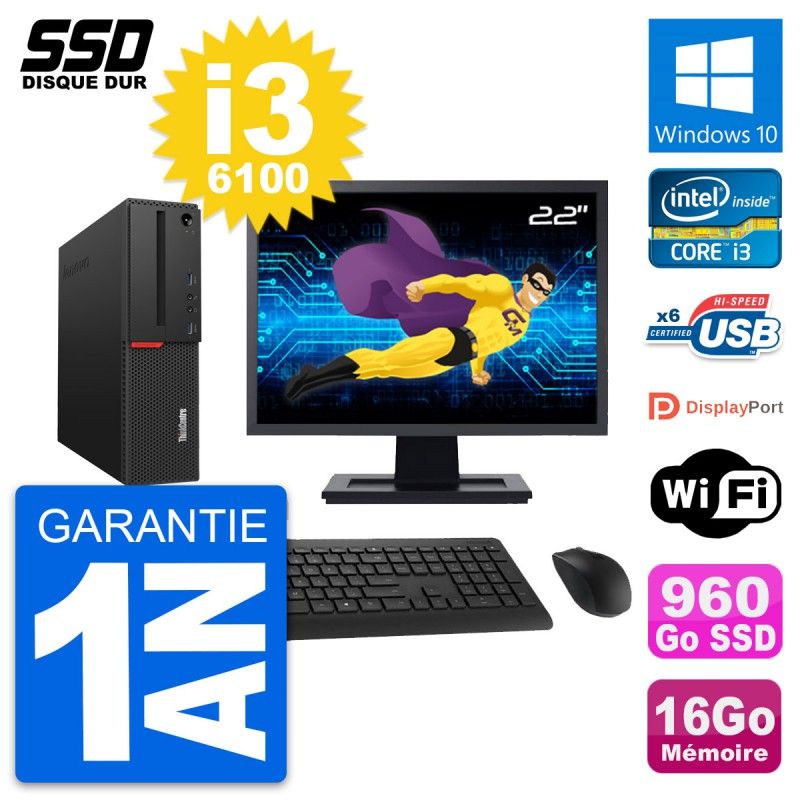 Lenovo M700 SFF Computer - 22" Screen, Intel i3-6100, 16GB RAM, 960GB SSD, Windows 10, WiFi