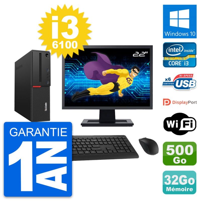 Lenovo M700 SFF Desktop Computer, 22" Screen, Intel i3-6100, 32GB RAM, 500GB HDD, Windows 10, Wifi