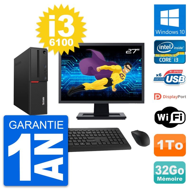 Lenovo M700 SFF Desktop Computer | 27" Screen | Intel i3-6100 | 32GB RAM | 1TB HDD | Windows 10