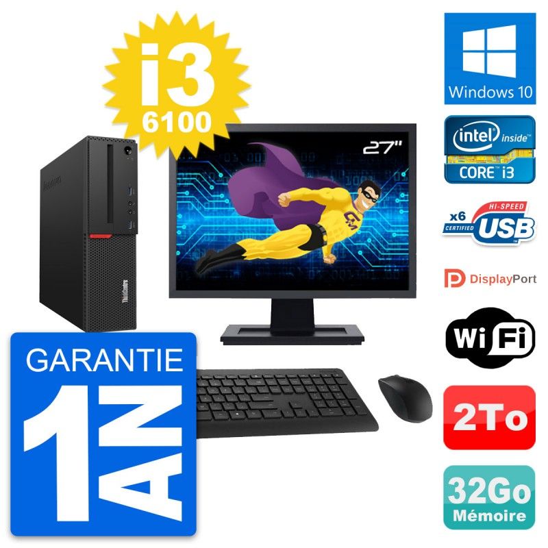 Lenovo M700 SFF Desktop Computer | 27" Screen | Intel i3-6100 | 32GB RAM | 2TB Storage | Windows 10