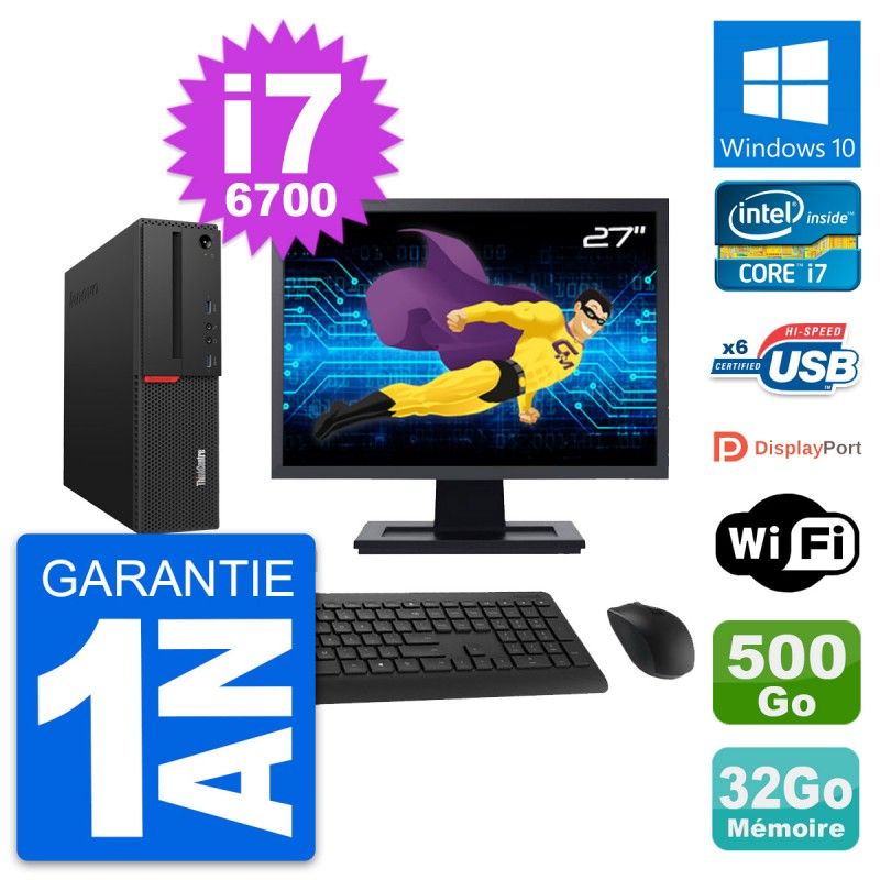 Lenovo M700 SFF Desktop Computer - 27" Screen, Intel i7-6700, 32GB RAM, 500GB Storage, Windows 10, WiFi