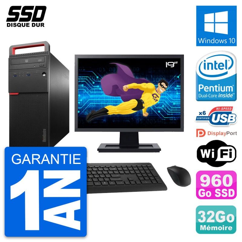 Lenovo M700 Desktop Computer, 19" Screen, Intel G4400, 32GB RAM, 960GB SSD, Windows 10, WiFi