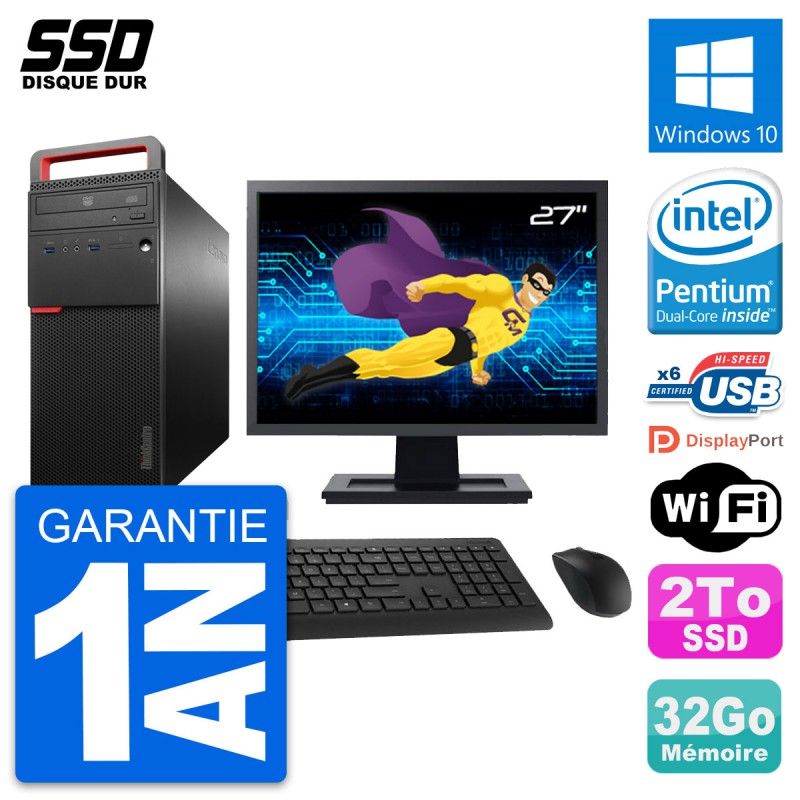 Lenovo ThinkCentre M700 Desktop Computer, 27" Screen, Intel Pentium G4400, 32GB RAM, 2TB SSD, Windows 10, WiFi