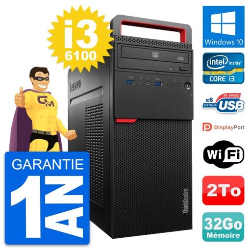 PC de sobremesa Lenovo ThinkCentre M700 - Procesador Intel Core i3-6100, 32 GB de RAM, Disco duro de 2 TB, Windows 10, WiFi