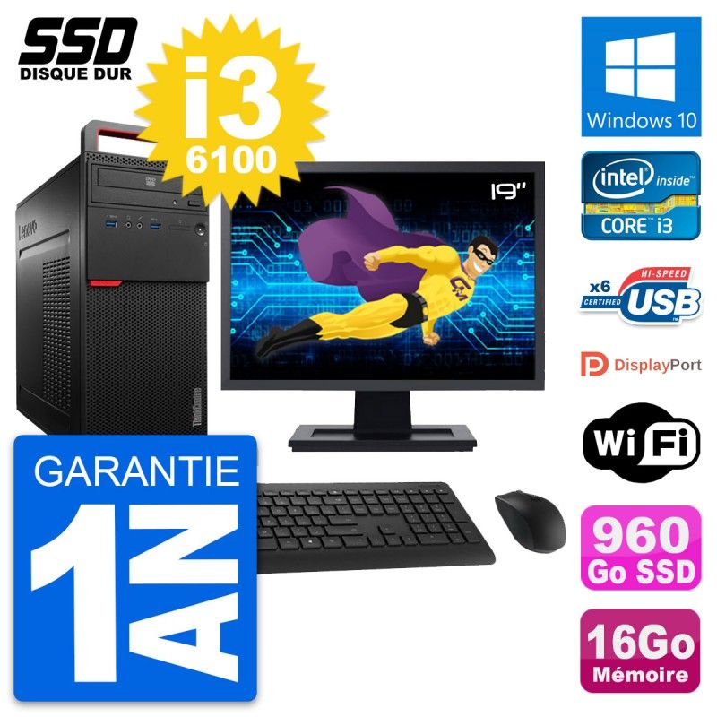 Lenovo M700 Desktop Computer - 19" Screen, Intel i3-6100, 16GB RAM, 960GB SSD, Windows 10