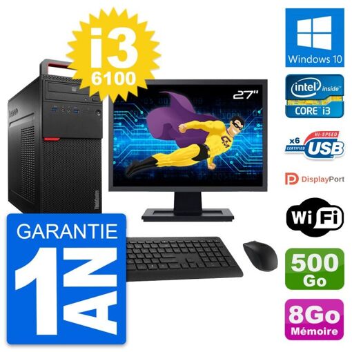 Computadora de escritorio Lenovo M700 - Pantalla de 27'', Procesador Intel i3-6100, 8 GB de RAM, 500 GB HDD, Windows 10, WiFi