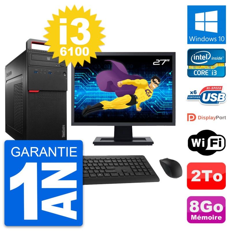 Lenovo M700 Desktop PC - 27" Screen, Intel i3-6100, 8GB RAM, 2TB HDD, Windows 10, WiFi