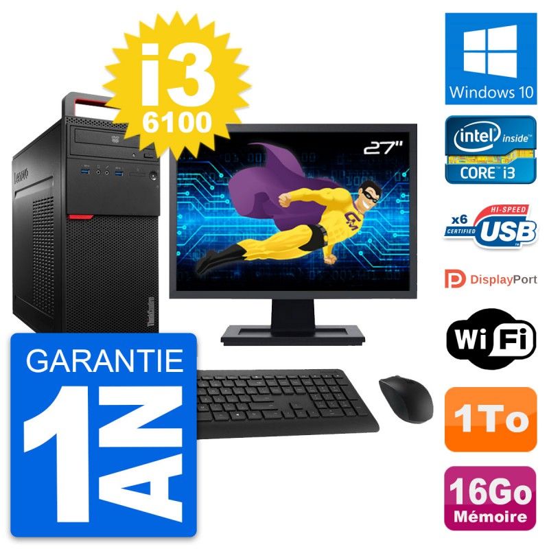 Lenovo M700 Desktop PC - 27" Screen, Intel i3-6100, 16GB RAM, 1TB HDD, Windows 10, WiFi