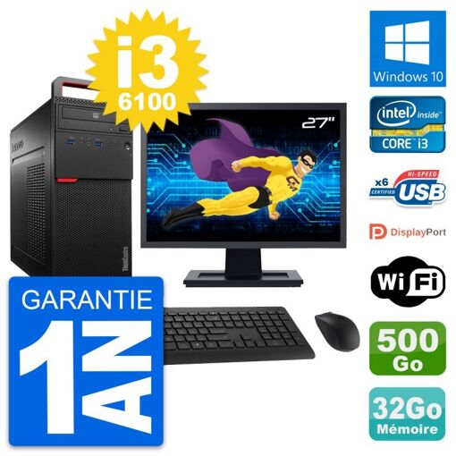 Computadora de escritorio Lenovo M700 - Pantalla de 27'', Intel Core i3-6100, 32GB de RAM, 500GB de almacenamiento, Windows 10