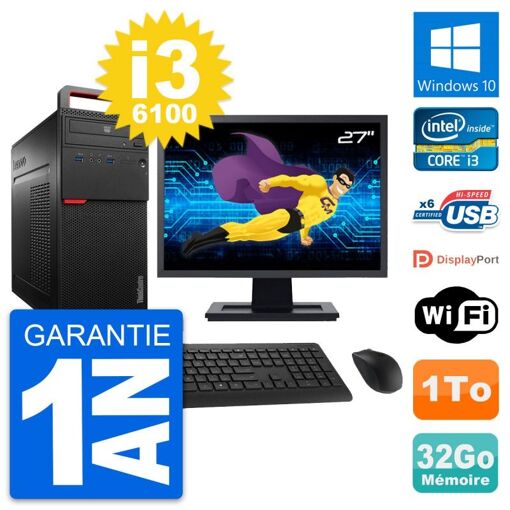Computadora de escritorio Lenovo M700, pantalla de 27', procesador Intel i3-6100, 32 GB de RAM, 1 TB de almacenamiento, Windows 10, WiFi